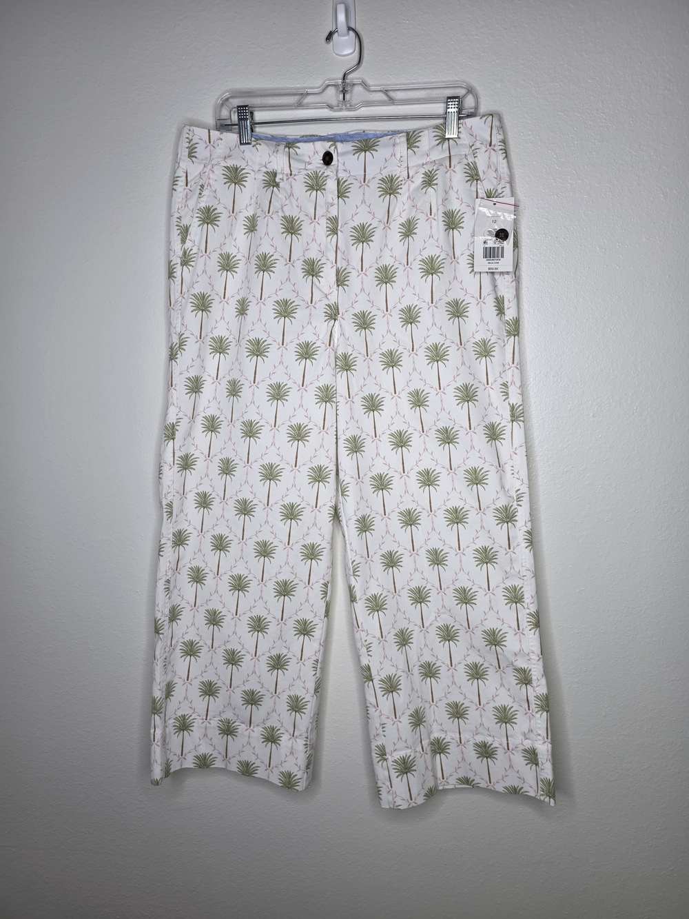 Crown & Ivy NWT White Green Palm Tree Print Wide Leg Crop Cotton Pants Size 12 - Picture 3 of 7